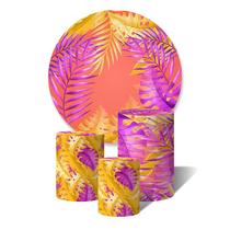 Trio De Capa Cilíndricas + Painel Sublimado c/ Elástico Tardezinha Por do Sol Folhas Tropicais Coloridas Trio De Capa Cilíndricas + Painel Sublimado c/ Elástico Tardezinha Por do Sol Folhas Tropicais Coloridas