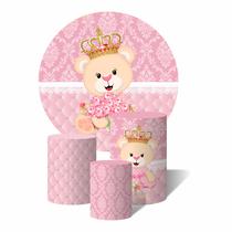 Trio De Capa Cilíndricas + Painel Sublimado c/ Elástico Ursinha Princesa Rosa Capitonê