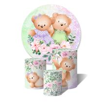 Trio De Capa Cilíndricas + Painel Sublimado c/ Elástico Ursinhos Laço Lilás e Verde Flores Aquarela Trio De Capa Cilíndricas + Painel Sublimado c/ Elástico Ursinhos Laço Lilás e Verde Flores Aquarela