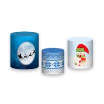 Trio De Capa Cilindro 3D - Árvore Efeito Glitter Natal Azul 016
