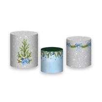 Trio De Capa Cilindro 3D - Natal Árvore Enfeites Azul Elegante 028