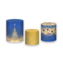 Trio De Capa Cilindro 3D - Natal Efeito Brilhante Azul com Dourado 034