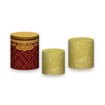 Trio De Capa Cilindro - Capitonê Vermelho com Dourado 008