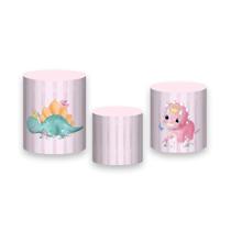 Trio De Capa Cilindro - Dinossauro Aquarela Rosa com Folhagens 003