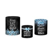 Trio De Capa Cilindro - Gratidão Chalkboard Flores Azuis 031