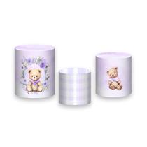 Trio De Capa Cilindro, Ursinha Tons de Lilás com Flores 075 Trio De Capa Cilindro, Ursinha Tons de Lilás com Flores 075