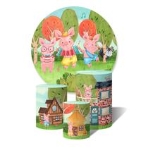 Trio de Capas Cilíndricas + Painel Redondo Sublimado c/ Elástico 3 Porquinhos e o Lobo Mal Música