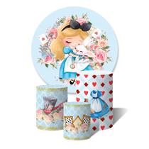 Trio de Capas Cilíndricas + Painel Redondo Sublimado c/ Elástico Alice Cute Flores e Objetos Aquarela Trio de Capas Cilíndricas + Painel Redondo Sublimado c/ Elástico Alice Cute Flores e Objetos Aquarela