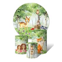 Trio de Capas Cilíndricas + Painel Redondo Sublimado c/Elástico Animais do Bosque Aquarelado Flores e Cogumelos