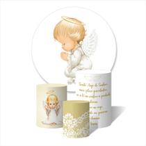 Trio de Capas Cilíndricas + Painel Redondo Sublimado c/ Elástico Anjinho da Guarda Orando Branco Dourado Trio de Capas Cilíndricas + Painel Redondo Sublimado c/ Elástico Anjinho da Guarda Orando Branco Dourado