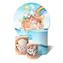 Trio de Capas Cilíndricas + Painel Redondo Sublimado c/ Elástico Arca de Noé Dilúvio Animais Aquarela Arco-Íris