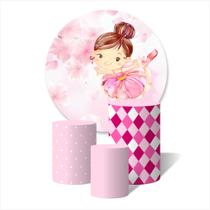 Trio de Capas Cilíndricas + Painel Redondo Sublimado c/ Elástico Bailarina Rosa Aquarela