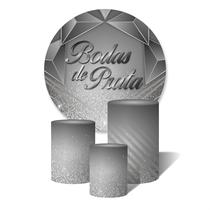 Trio de Capas Cilíndricas + Painel Redondo Sublimado C/Elástico Bodas de Prata Formas Geométricas Glitter Prateado Trio de Capas Cilíndricas + Painel Redondo Sublimado C/Elástico Bodas de Prata Formas Geométricas Glitter Prateado