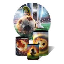 Trio de Capas Cilíndricas + Painel Redondo Sublimado c/ Elástico Bola de Futebol em Chamas Fogo Estádio