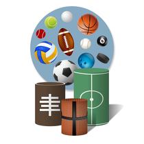 Trio de Capas Cilíndricas + Painel Redondo Sublimado C/Elástico Bolas Esportes Variados Fundo Azul Trio de Capas Cilíndricas + Painel Redondo Sublimado C/Elástico Bolas Esportes Variados Fundo Azul