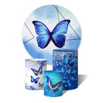 Trio de Capas Cilíndricas + Painel Redondo Sublimado c/ Elástico Borboleta Azul Glitter e Flores