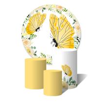 Trio de Capas Cilíndricas + Painel Redondo Sublimado c/ Elástico Borboletas e Flores Amarelas Aquarela Trio de Capas Cilíndricas + Painel Redondo Sublimado c/ Elástico Borboletas e Flores Amarelas Aquarela