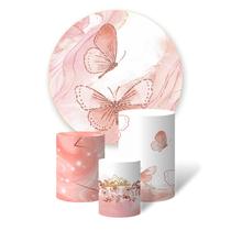 Trio de Capas Cilíndricas + Painel Redondo Sublimado c/ Elástico Borboletas Rosa Aquarela Glitter Brilho