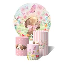 Trio de Capas Cilíndricas + Painel Redondo Sublimado C/Elástico Cachorrinho Encantado Jardim Borboletas Aquarela