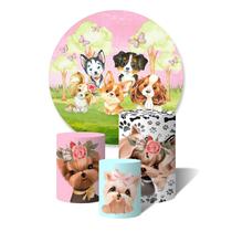 Trio de Capas Cilíndricas + Painel Redondo Sublimado c/ Elástico Cachorrinhos Cute Filhotes Pets Jardim Céu Rosa