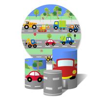 Trio de Capas Cilíndricas + Painel Redondo Sublimado c/ Elástico Carrinhos Estrada Cute