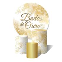 Trio de Capas Cilíndricas + Painel Redondo Sublimado C/Elástico Casamento Bodas de Ouro Dourado Flores - Fabrika de Festa