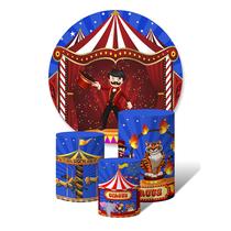 Trio de Capas Cilíndricas + Painel Redondo Sublimado c/ Elástico Circo mágico tenda vermelha e céu azul e estrelas Trio de Capas Cilíndricas + Painel Redondo Sublimado c/ Elástico Circo mágico tenda vermelha e céu azul e estrelas