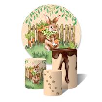 Trio de Capas Cilíndricas + Painel Redondo Sublimado c/ Elástico Coelho da Pascoa no jardim aquarela calda de chocolate Trio de Capas Cilíndricas + Painel Redondo Sublimado c/ Elástico Coelho da Pascoa no jardim aquarela calda de chocolate