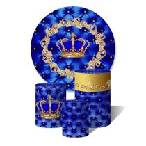Trio de Capas Cilíndricas + Painel Redondo Sublimado c/ Elástico Coroa Realeza Menino Azul Capitone