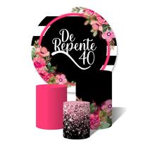 Trio de Capas Cilíndricas + Painel Redondo Sublimado c/ Elástico De repente 40 flores rosa neon Trio de Capas Cilíndricas + Painel Redondo Sublimado c/ Elástico De repente 40 flores rosa neon