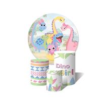 Trio de Capas Cilíndricas + Painel Redondo Sublimado c/Elástico Dino Dinossauros Cute Coloridos Candy color Trio de Capas Cilíndricas + Painel Redondo Sublimado c/Elástico Dino Dinossauros Cute Coloridos Candy color
