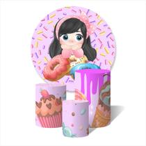Trio de Capas Cilíndricas + Painel Redondo Sublimado c/ Elástico Doces Menina Morena Confetes