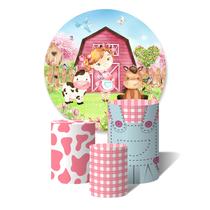 Trio de Capas Cilíndricas + Painel Redondo Sublimado c/ Elástico Fazendinha Jardim Menina Rosa Trio de Capas Cilíndricas + Painel Redondo Sublimado c/ Elástico Fazendinha Jardim Menina Rosa