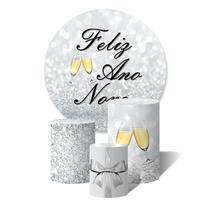 Trio de Capas Cilíndricas + Painel Redondo Sublimado c/ Elástico Feliz Ano Novo Glitter Prata Laço Trio de Capas Cilíndricas + Painel Redondo Sublimado c/ Elástico Feliz Ano Novo Glitter Prata Laço
