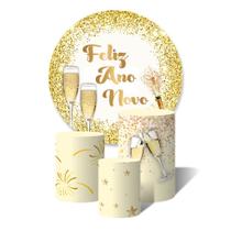 Trio de Capas Cilíndricas + Painel Redondo Sublimado c/ Elástico Feliz Ano Novo Taças e Glitter Dourado Trio de Capas Cilíndricas + Painel Redondo Sublimado c/ Elástico Feliz Ano Novo Taças e Glitter Dourado