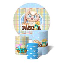 Trio de Capas Cilíndricas + Painel Redondo Sublimado c/ Elástico Feliz Pascoa Coelho Ovo de Chocolate