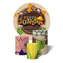 Trio de Capas Cilíndricas + Painel Redondo Sublimado c/ Elástico Festa Junina Arraiá Cactos Bandeirinhas Milho Retalhos Trio de Capas Cilíndricas + Painel Redondo Sublimado c/ Elástico Festa Junina Arraiá Cactos Bandeirinhas Milho Retalhos