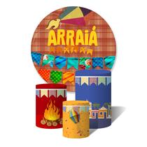 Trio de Capas Cilíndricas + Painel Redondo Sublimado c/ Elástico Festa Junina Arraiá Caipira Balão e Bandeiras