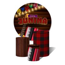 Trio de Capas Cilíndricas + Painel Redondo Sublimado c/ Elástico Festa Junina Arraiá Viola e Sanfona