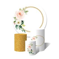 Trio de Capas Cilíndricas + Painel Redondo Sublimado c/ Elástico Flores Aquarela Aros e Glitter Dourado Trio de Capas Cilíndricas + Painel Redondo Sublimado c/ Elástico Flores Aquarela Aros e Glitter Dourado