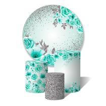 Trio de Capas Cilíndricas + Painel Redondo Sublimado C/Elástico Flores Azul Turquesa Glitter Prata Trio de Capas Cilíndricas + Painel Redondo Sublimado C/Elástico Flores Azul Turquesa Glitter Prata