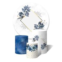 Trio de Capas Cilíndricas + Painel Redondo Sublimado c/ Elástico Flores e Folhas Azuis Aquarela e Formas Geométricas