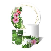 Trio de Capas Cilíndricas + Painel Redondo Sublimado c/Elástico Flores e Folhas Tropicais Fundo Branco Detalhes Dourados Trio de Capas Cilíndricas + Painel Redondo Sublimado c/Elástico Flores e Folhas Tropicais Fundo Branco Detalhes Dourados