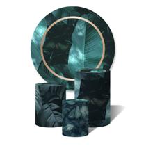 Trio de Capas Cilíndricas + Painel Redondo Sublimado c/ Elástico Folhas Azuladas Floresta Aro Dourado