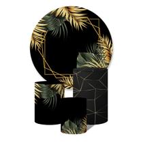 Trio de Capas Cilíndricas + Painel Redondo Sublimado c/ Elástico Folhas Douradas e Verdes Formas Geométricas Fundo Preto