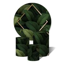 Trio de Capas Cilíndricas + Painel Redondo Sublimado c/ Elástico Folhas Folhagem Verde Geométrico Dourado