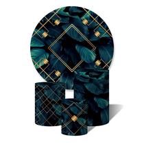 Trio de Capas Cilíndricas + Painel Redondo Sublimado c/ Elástico Folhas Tons Escuros Linhas e Formas Douradas