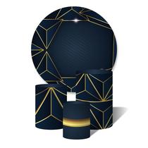 Trio de Capas Cilíndricas + Painel Redondo Sublimado c/ Elástico Formas Geométricas Dourado Triângulos Azul Escuro Trio de Capas Cilíndricas + Painel Redondo Sublimado c/ Elástico Formas Geométricas Dourado Triângulos Azul Escuro