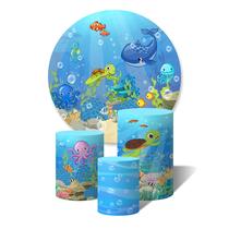 Trio de Capas Cilíndricas + Painel Redondo Sublimado c/ Elástico Fundo do Mar Animais Marinhos Bolhas e Algas Trio de Capas Cilíndricas + Painel Redondo Sublimado c/ Elástico Fundo do Mar Animais Marinhos Bolhas e Algas