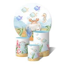 Trio de Capas Cilíndricas + Painel Redondo Sublimado c/ Elástico Fundo do Mar Animais Marinhos Cute Aquarela Tesouro Trio de Capas Cilíndricas + Painel Redondo Sublimado c/ Elástico Fundo do Mar Animais Marinhos Cute Aquarela Tesouro